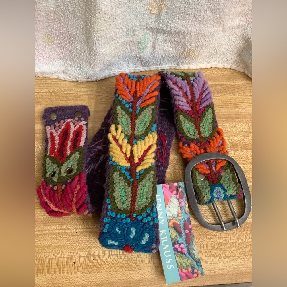 Jenny Krauss Boho Floral Densely Embroidered Blooms Wool Belt Handmade Peru Sz S